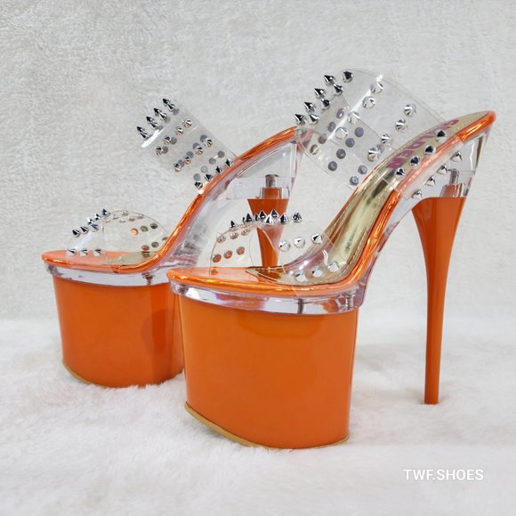 Sleek Slim 8" Towering Platform Heels Orange Double Clear Spiked Straps … - Picture 12 of 12